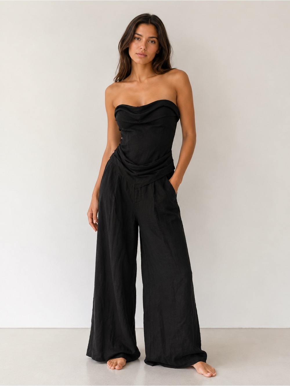 Oysho Black Draped Strapless Wide Leg Jumpsuit Bodysuit Size S